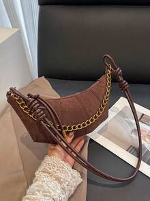 Dedoo 女款絎縫仿麂皮腋下波希米亞包，打結肩帶與金屬鍊條設計，復古 Y2K 單肩包，適合日常、約會、購物 - 咖啡 - 查看 4