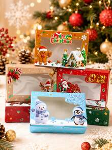 6入聖誕透明窗紙禮品盒，聖誕老人、雪人、馴鹿、薑餅人印花混款，聖誕派對裝飾、桌面裝飾、聖誕禮物、節日派對用品、聖誕快樂家居裝飾 - 彩色 - 查看 8