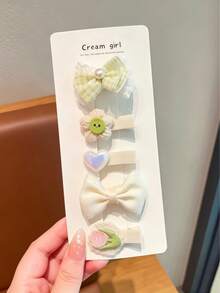 5件組女款奶油風花朵蝴蝶結髮夾套組，甜美珍珠裝飾髮飾，適合日常髮型裝飾 - 彩色 - 查看 2