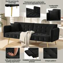 2-Seater Multifunctional Sofa Bed With Sleeping Function, Adjustable Backrest + Multi-Position Armrests. Modern Folding Sofa Bed For Living Room – Velvet Upholstery. Spacious Sleeping Area - Black - View 3