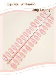 30pcs Almond-Shaped Pink French Cat Eye Nail Stickers, Handmade, Full Coverage, Suitable For Women And Girls Party, Office, Daily Wear, Includes 1 Adhesive Sheet And 1 Mini Nail File, Random Shipment - Multicolor - View 2