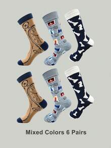 1/3/6 Pairs Men's Vintage Travel Stamp Pattern Crew Socks,Soft Breathable Novelty Airplane Landmark Postage Dress Socks,For Daily Wear&Back‑To‑School - Multicolor - View 11