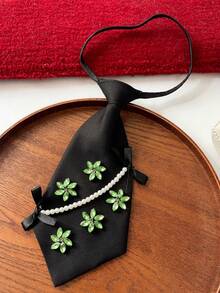 Green Rhinestone Flower Pearl Chain Black Tie-Less Necktie, Niche Personalized Women's Decorative Necktie - Green Rhinestone Floral Design - View 1