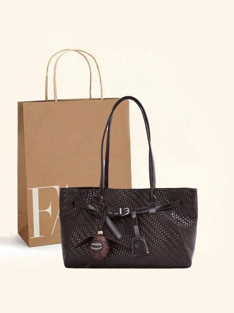 Sac fourre-tout de luxe à la mode, nouveau style vintage, couleur unie, tissé texturé gaufré, style européen et américain, grande capacité, sac à bandoulière de navette haut de gamme, livré avec un breloque de pomme, élégant et décontracté, pour les courses, le travail quotidien, le maquillage, l'ombrelle, résistant à l'usure, en tissu doux, pour les étudiantes, les cours, les courts voyages, polyvalent pour les déplacements quotidiens, sac fourre-tout pour femmes