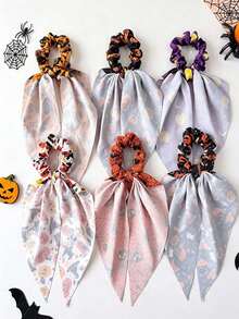 1pc Halloween Print Ribbon Bow Hair Tie, Pumpkin Spider Web Witch Pattern Hair Rope, Autumn Dark Hair Accessory, Gift For Girls - Multicolor - View 2