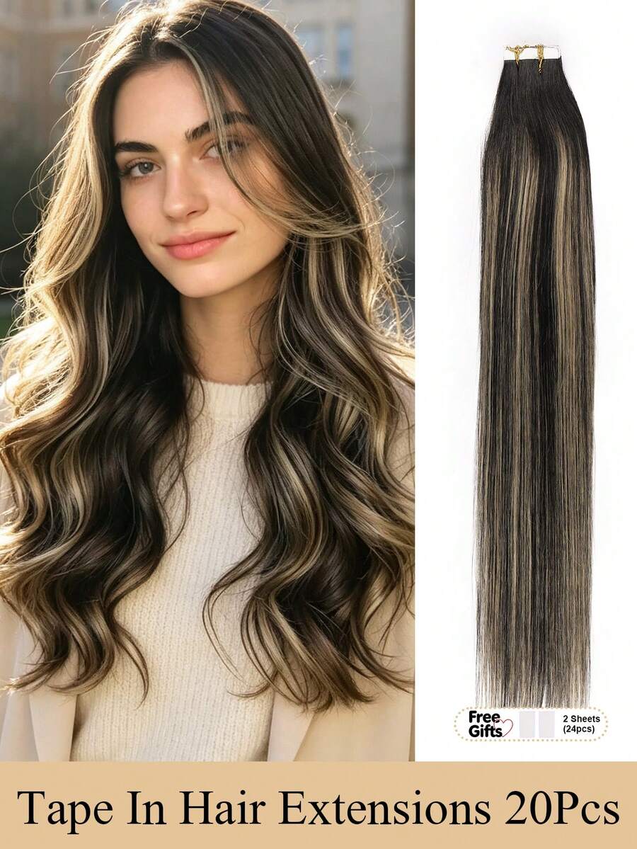 JIAMEISI Tape In Hair Extensions Human Hair, Ombre Nature Black To Golden Blonde Real Human Hair Tape In Extensions 20Pcs Tape Ins Human Hair Extensions For Women Seamless Tape In Hair Extensions Remy Human Hair