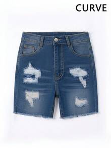 Plus Size Tight-Fitting Bodycon Ultra Short Denim Hot Pants, Sexy Casual Versatile For Summer - Medium Wash - View 4