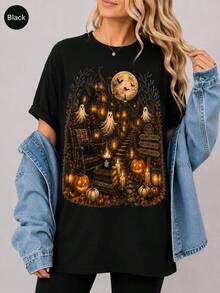 Vintage Haunted House Halloween Shirt, Spooky Ghost Black Cat Graphic Tee - 樣式1 - 查看 1