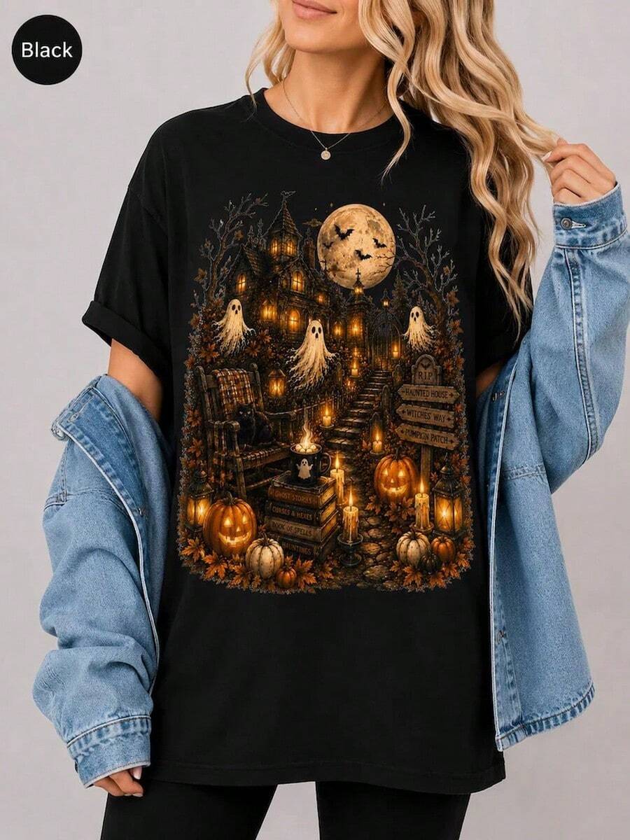 Vintage Haunted House Halloween Shirt, Spooky Ghost Black Cat Graphic Tee - 樣式1 - 查看 1