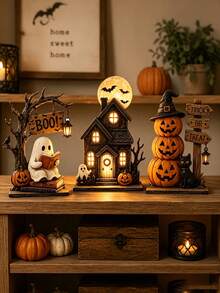 3pcs Halloween Wooden Tabletop Decor Set, Ghost Reading, Haunted House & Stacked Pumpkin Sign Ornaments, Fall Tiered Tray Home Party Decorations - Multicolor - View 9