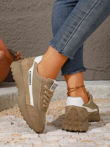 Women's Thick Sole Sports Shoes, Contrast Color Design, Lightweight Lace-Up Casual Running Shoes, Suitable For Daily Wear. - Khaki - View 3