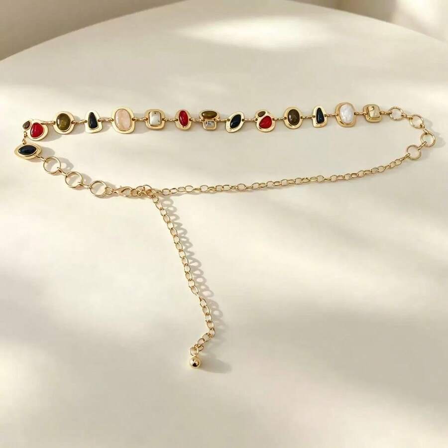 1件高級復古金屬鏈條腰帶,琥珀裝飾,亮面百搭女款腰鏈飾品 - 金色 - 查看 1