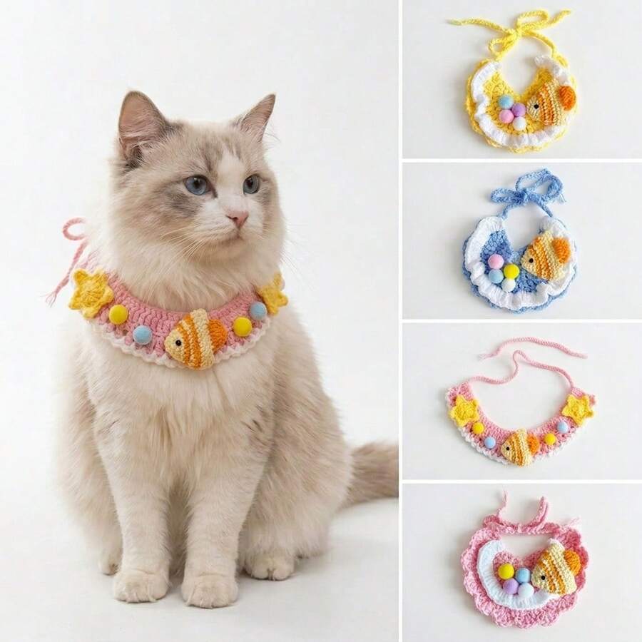 Cute Crochet Cat Bib, Tropical Fish Pattern, Handmade Pet Scarf, Suitable For Dogs And Cats, Soft Knitted Collar, With Pom Pom, Fun Pet Photo Prop, Birthday Party Gift