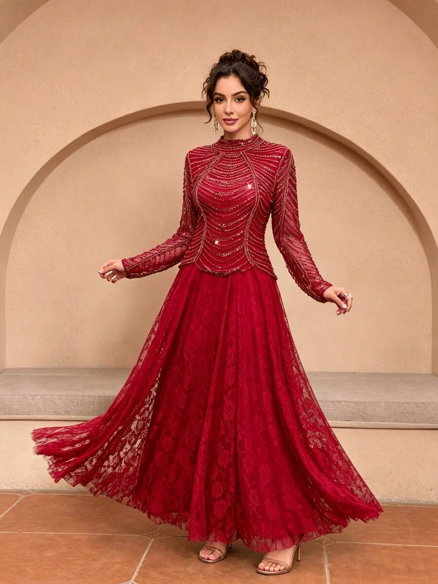 JINLICX Burgundy High Neck Beaded Sequin Maxi Dress Luxury Mesh Formal Evening Gown For Wedding Banquet & Ramadan