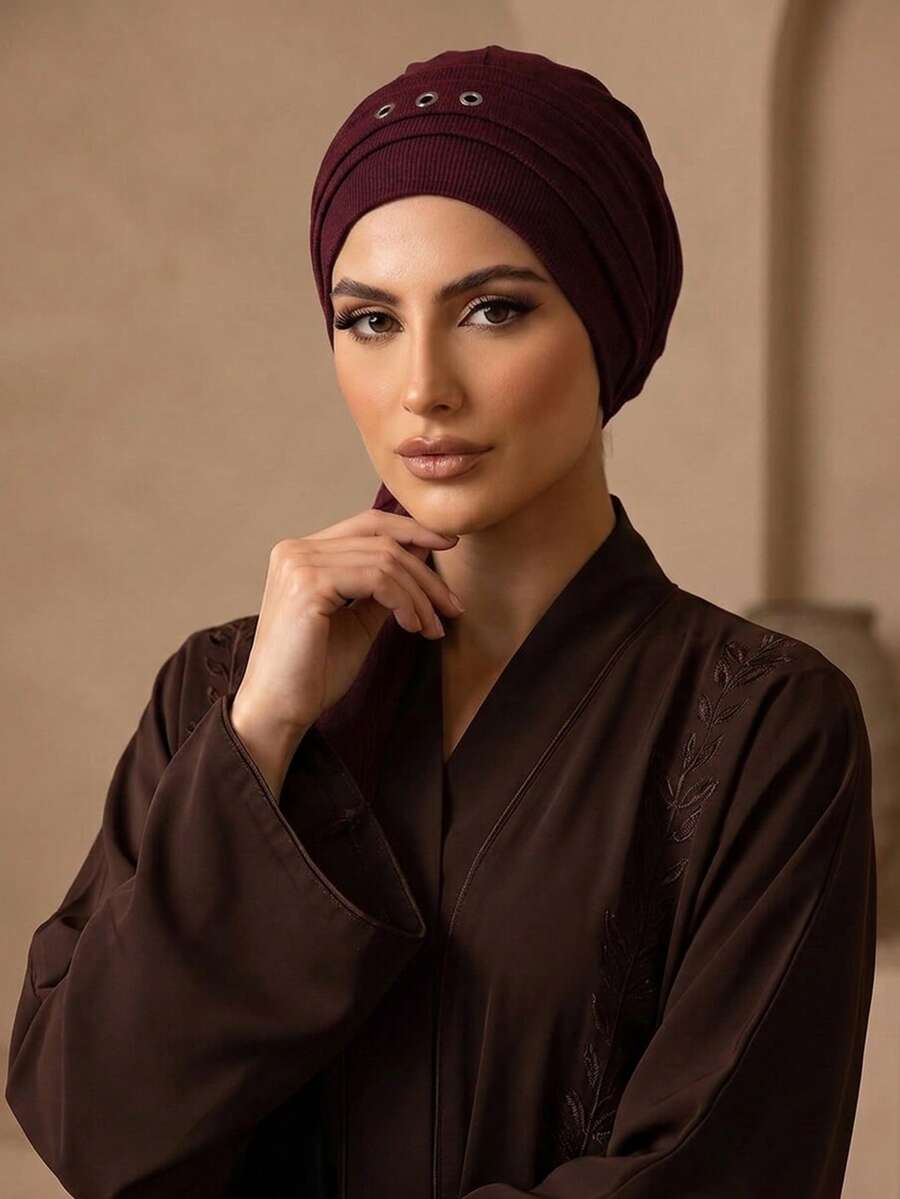 2pcs/Ste Hijab Wanita Muslim, Turban Rajut Bergaris dari Poliester, Penutup Kepala Islami Sederhana untuk Wanita Muslim, Cocok untuk Perjalanan, Sholat, dan Aktivitas Sehari-hari - Merah - View 1
