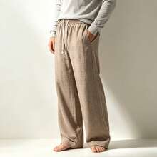Vaulklash Casual Straight Leg Pants In Faux Linen Fabric For Men - Coffee Brown - View 5