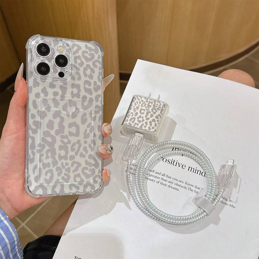 6件組皮革紋豹紋手機殼 + 充電頭保護套 + 數據線保護套 + 收納繩 + 數據線保護繩 TPU 防摔保護殼,相容 iPhone 6 7 8 XXs XR XS Max 11 12 13 14 15 16 17 Pro Max,適合作為情侶、女性、女兒、男朋友、女朋友、青少年女孩的生日與聖誕禮物 - 彩色 - 查看 1