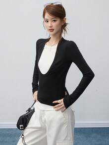 Kaos Lengan Panjang 2 In 1 Motif Blok Warna untuk Wanita, Gaya Korea Musim Semi, Atasan Kasual Pas Badan yang Melangsingkan Pinggang - Hitam dan Putih - View 4