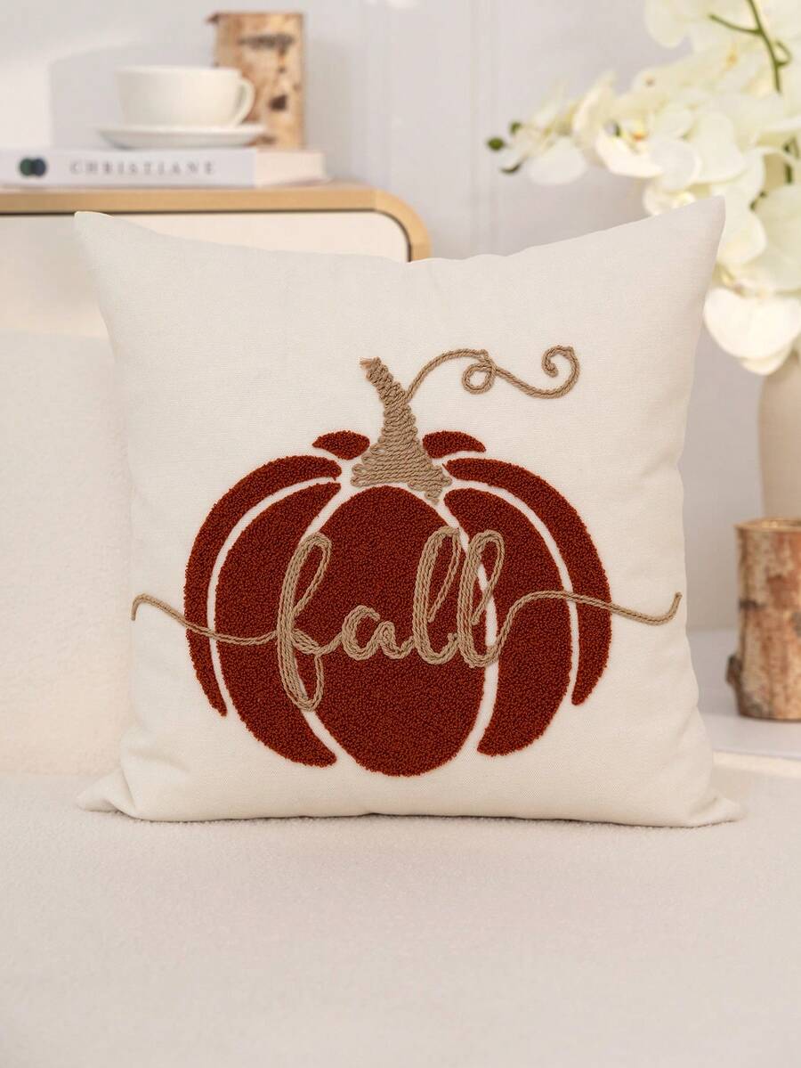 1pc Beige Pumpkin Embroidered Pillowcase, Thanksgiving Fall Letter Embroidered Pillowcase, Suitable For Indoor Decor, Thanksgiving Decoration, All Season Pillowcase, Without Insert