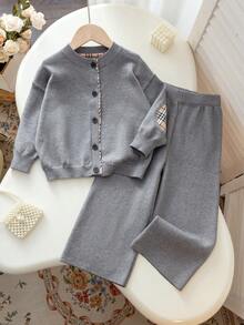 2pcs/Set Girls' Simple Plaid Patchwork Round Neck Single-Breasted Long Sleeve Knit Cardigan And Wide Leg Knit Pants, Casual School Style Outfit For Daily Wear, Spring, Autumn, Winter - Grey - View 1