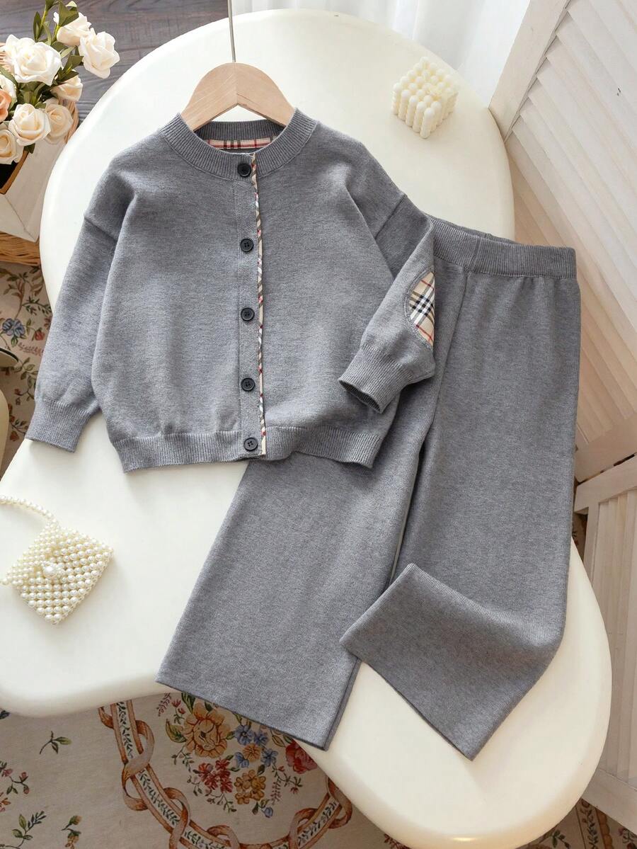2pcs/Set Girls' Simple Plaid Patchwork Round Neck Single-Breasted Long Sleeve Knit Cardigan And Wide Leg Knit Pants, Casual School Style Outfit For Daily Wear, Spring, Autumn, Winter - Grey - View 1