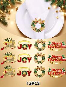 12pcs/6PCS/2PCS Christmas Painted Rhinestone Napkin Rings, Assorted Exquisite Christmas Napkin Rings, Christmas Home Party Table Decor Metal Napkin Rings, Christmas Restaurant Hotel Party Decor - Multicolor - View 6