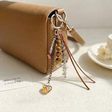 Vintage Brown Glass Heart Star Chain Bag Charm, Retro Aesthetic Keychain Pendant,Chic Beaded Tassel Purse Accessory, Y2K Minimalist Handbag Decoration - Multicolor - View 2