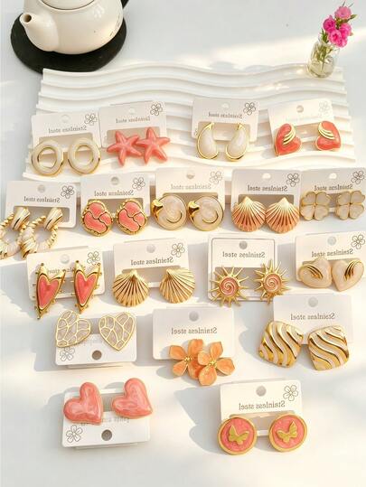 4/8/16/24-Piece Peach & Gold Stainless Steel Earrings – Retro Textured Design, Vibrant Sweet Romantic Style – Women's Earrings – Women's Set