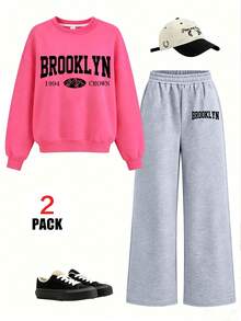 2pcs Girls Casual Set, Includes "BROOKLYN" Print Crew Neck Sweatshirt + Casual Pants, Soft And Comfortable, Suitable For Autumn/Winter Wear - Multicolor - View 2