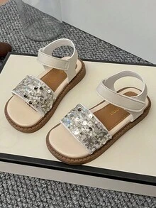1 Pair Girls' Silver Mixed Color Sequin Glitter Wide Strap Hook & Loop Square Toe Open Toe Flat Sandals, Suitable For Party, Photography And Vacation - Silver - View 2