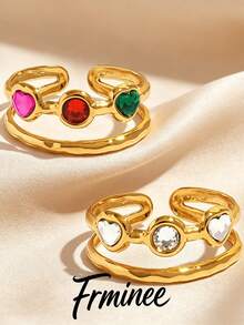 Frminee 2 Stücke/1 Stück 18K vergoldeter Edelstahl Doppelschicht offener Ring, bunter Herz-Kubikzirkonia verstellbarer Ring, wasserfest, nicht verblassend, exquisiter Statement-Schmuck - Verschiedenfarbig - Übersicht 2