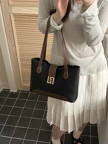 時尚拼色 PU 布料極簡百搭女款托特包 大容量 精緻五金配件 適合派對、宴會與通勤 - 黑色 - 查看 3