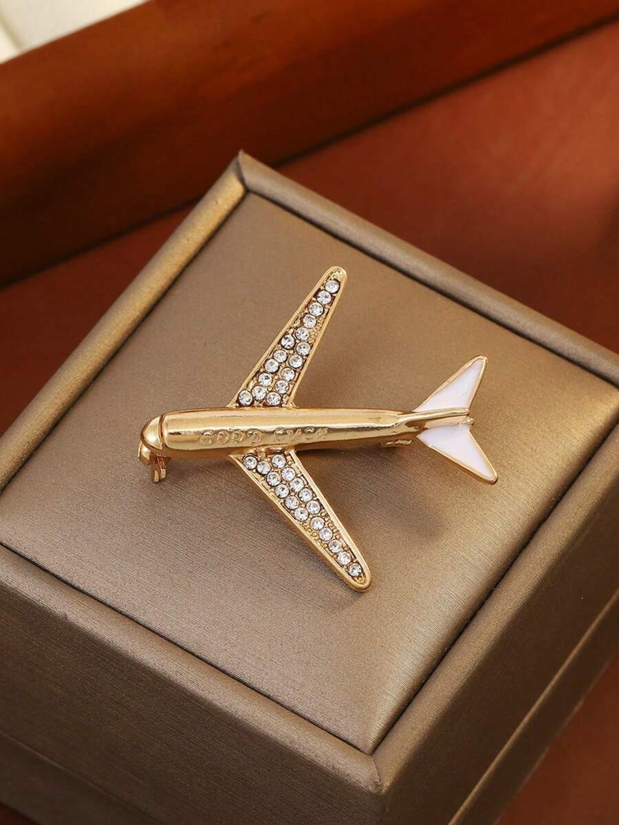 1pc Fashionable Rhinestone Inlaid Simple Airplane Shaped Brooch, Coat Suit Pin, Clothing Accessory Lapel Pin For Men & Women, Daily Wear - airplane brooch - View 1