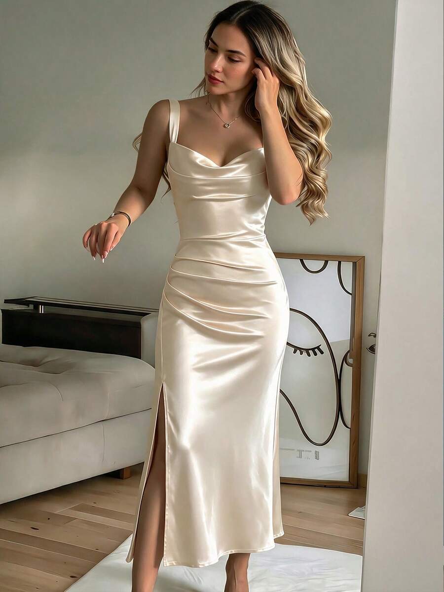 OULIS Summer Elegant Satin Ruffle Neckline Split Backless Criss-Cross Strap Waist-Defining Dress For Daily Commute And Vacation Party - Apricot - View 1