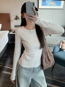Korean Style White Elegant Jacquard Round Neck Hollow Design Long Sleeve T-Shirt Inner Wear For Women - White - View 2