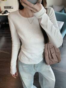 Korean Style White Elegant Jacquard Round Neck Hollow Design Long Sleeve T-Shirt Inner Wear For Women - White - View 3