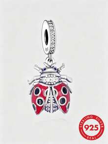 1pc S925 Sterling Silver Zirconia Red Enamel Seven-Spot Ladybug Pendant Lucky Healing Cartoon Insect DIY Bracelet Large Hole Bead Accessory - Silver - View 1