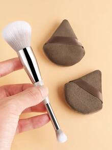 ronshadow 1pc Dual-Head Makeup Brush With Powder Puff Set, Face Powder Brush + Detail Blending Brush Dual-Use, With Triangle Flocked Powder Puff, Beginner Makeup Tool - Multicolor - View 5
