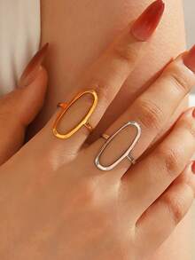 2PCS/1PC Stainless Steel Minimalist Geometric Oval Rings Suitable For Women's Daily And Party Wear - Multicolor - View 1