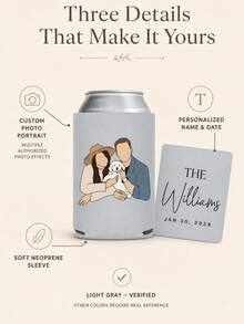 Personalized Can Cooler Sleeves, Custom Photo And Text Drink Holder With Portrait, Custom Name And Date Beverage Can Sleeve, Wedding Party Favor For Couples And Pet Families - Multicolor - View 3