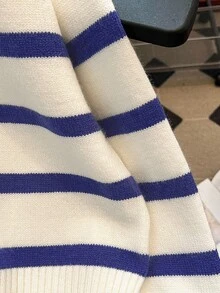 1pc Girls' Teen Fashion Striped Half-Button Front Long Sleeve Warm Knit Sweater, Spring/Autumn/Winter - Blue - View 7