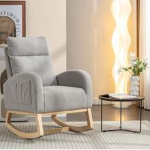 Mid‑Century Modern Teddy Fabric Rocking Chair, Ergonomic Padded Rocker Armchair With Side Storage Pocket, Solid Wood Rocking Legs For Living Room, Bedroom, Reading Nook - Grey - View 2