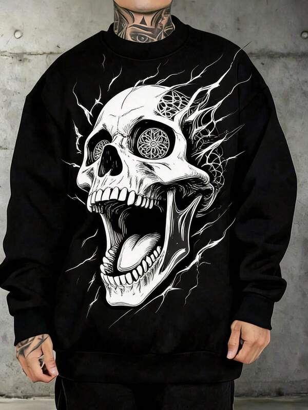 Sudadera negra de cuello redondo para hombre con estampado de calavera con rayos estilo tatuaje. Suéter de algodón cómodo para otoño e invierno.