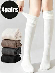 4 Pairs JK Over Knee Socks, Ribbed Polyester, Striped/Solid, Warm Winter Socks - Multicolor - View 1