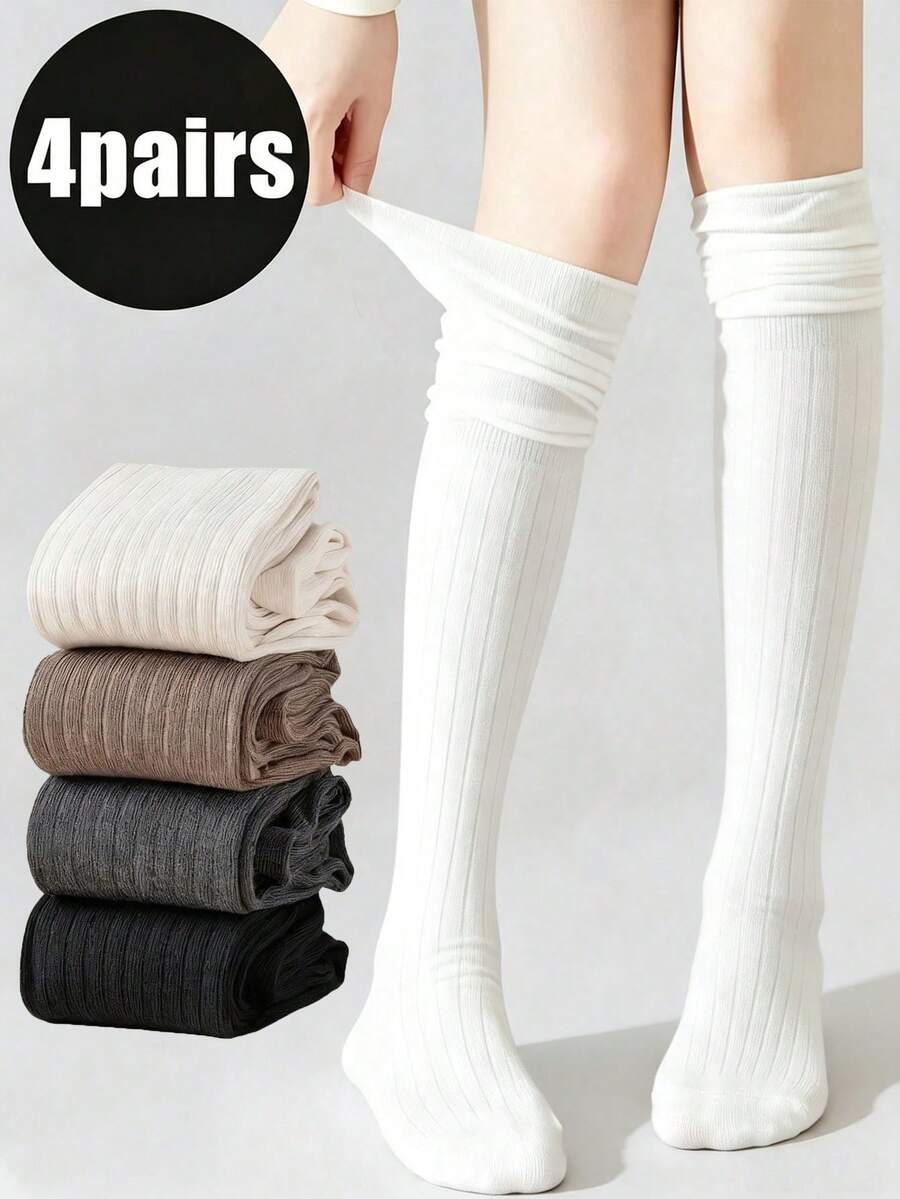 4 Pairs JK Over Knee Socks, Ribbed Polyester, Striped/Solid, Warm Winter Socks - Multicolor - View 1