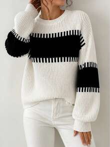 Women's Plus Size Striped Ribbed Knit Pullover Sweater, Long Sleeve Round Neck Drop Shoulder Design, Comfortable Autumn/Winter Outfit - Black and White - View 6