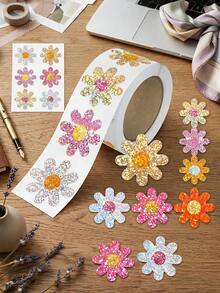 1pc Laser Colorful Flower Series Self-Adhesive Sticker, Shiny Flower Pattern Sticker. Christmas Gift Decoration Label. Inspirational Stationery Sticker. Perfect For Gift Wrapping And Sealing, As Well As Creative Office Stationery Decoration. - Multi-color - View 1