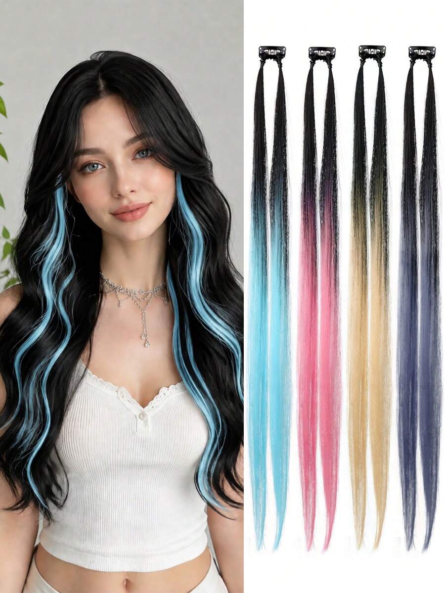 2pcs Gradient Color Clip-In Hair Extensions, Long Straight Gradient Hair Extensions With Clips, Suitable For Daily Wear, Party, Cosplay And Holiday Dress-Up - Multicolor - View 1