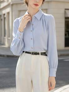 女款優雅藍色襯衫，輕奢高端通勤風，四季皆宜，專業外套上衣，純色前扣鈕扣 - 藍色 - 查看 2