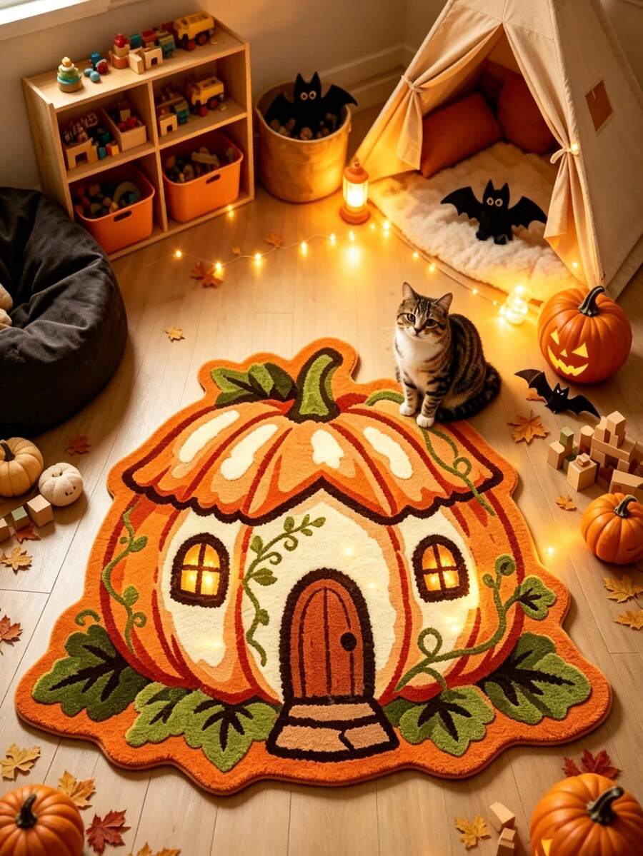 1pc Orange Pumpkin House Thickened Carpet, Autumn/Winter Fluffy Rug, Thickened Rug, Decorative Rug, Bedroom Decor, Small Rug, Carpet, Home Decor, Living Room Rug, Bedroom Rug, Living Room Home Decor - Multicolor - View 1